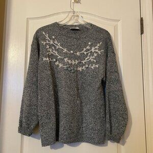 Vintage Personal Gray White Marbled Floral Embroidered Sweater Size L Cottage